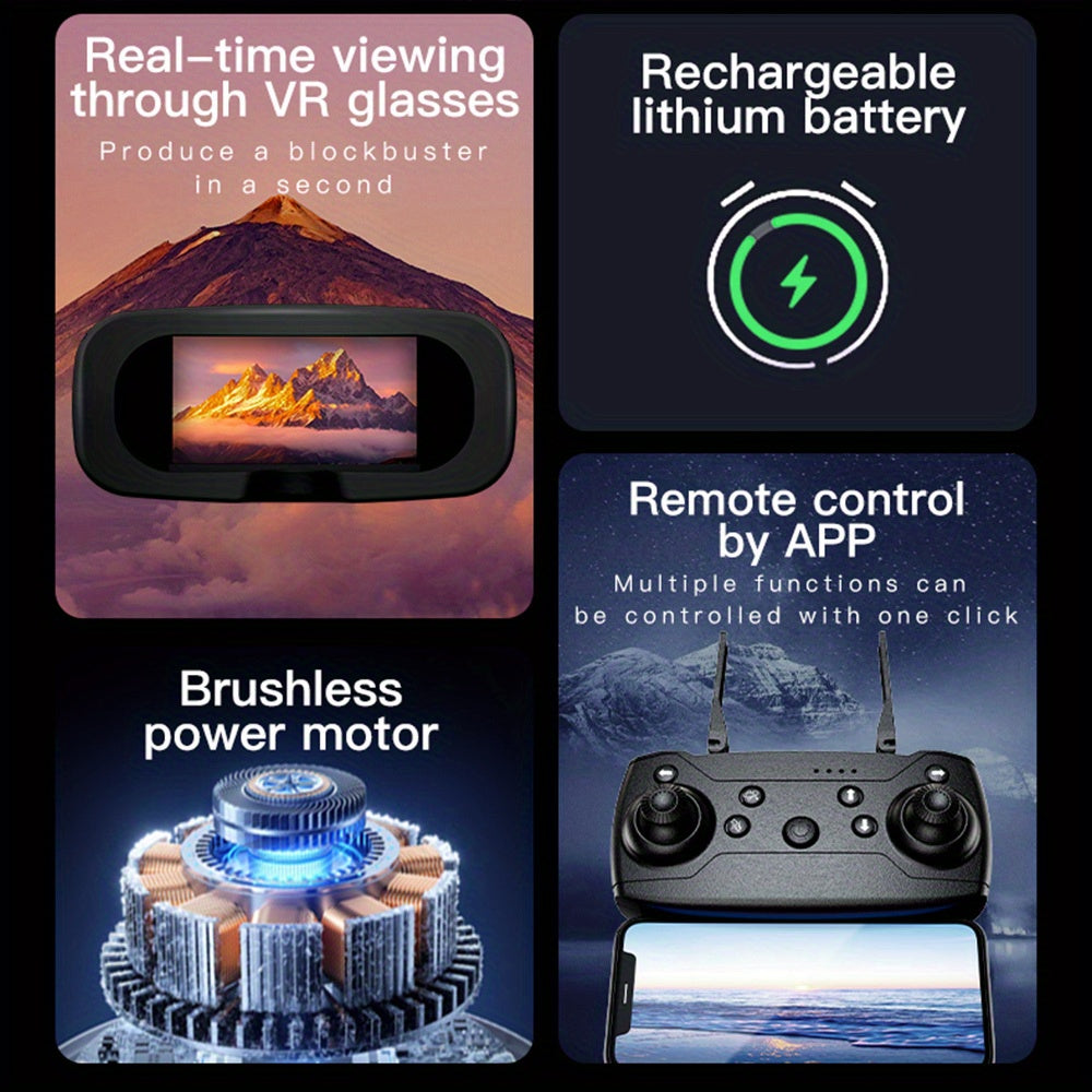 New VR Folding Drone - Equipped with Head-mounted VR Glasses, 360° Flip, 90° Adjustable Motorized Camera, Brushless Motors, Optical Flow Positioning, Altitude Hold Function, Three-speed Switching, One Button Take-off/landin