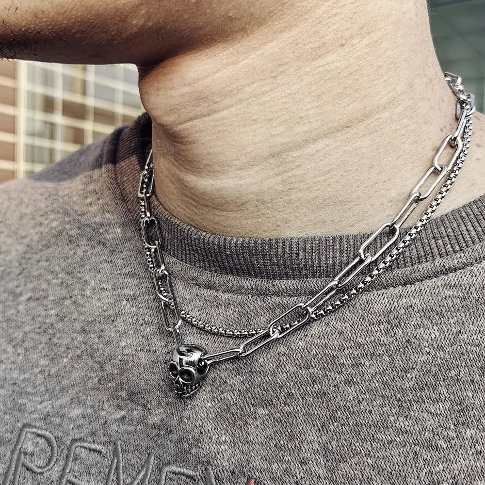 Double Layered Stainless Steel Box Cable Chain Skull Charm Choker Necklace for Men Toggle Clasp New Fashion Jewelry
