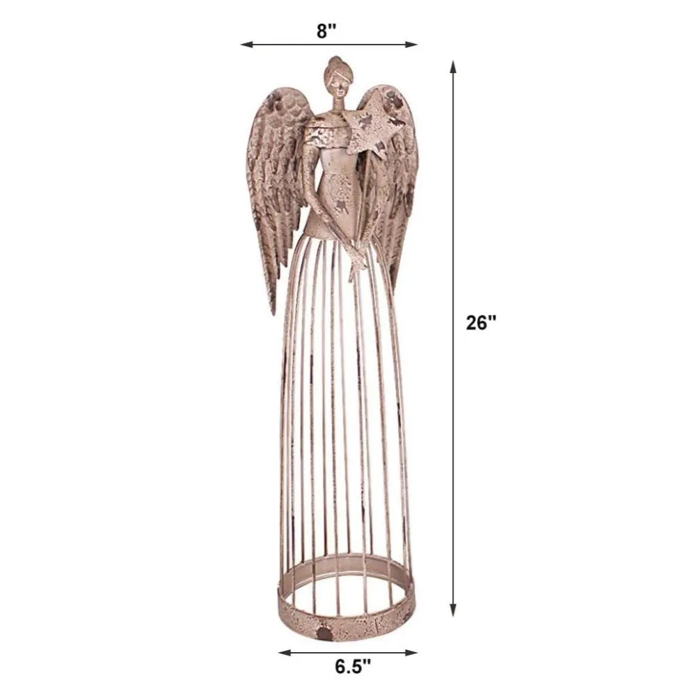 26 Inch Tall Antiqued Metal Garden Angel Statue with Star Wand, Indoor Outdoor Yard Art Decor Lawn Patio Decorations Holiday Pre