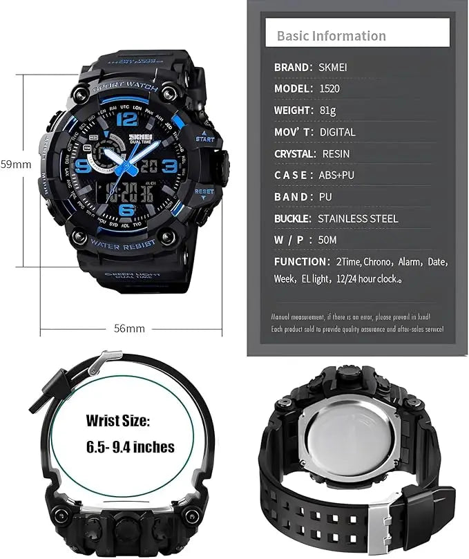 Men's Large Face Outdoor Sports Watches Military S-Shock Watch Waterproof, Backlight, Alarm, Stopwatch Features - Rugged Wristwa
