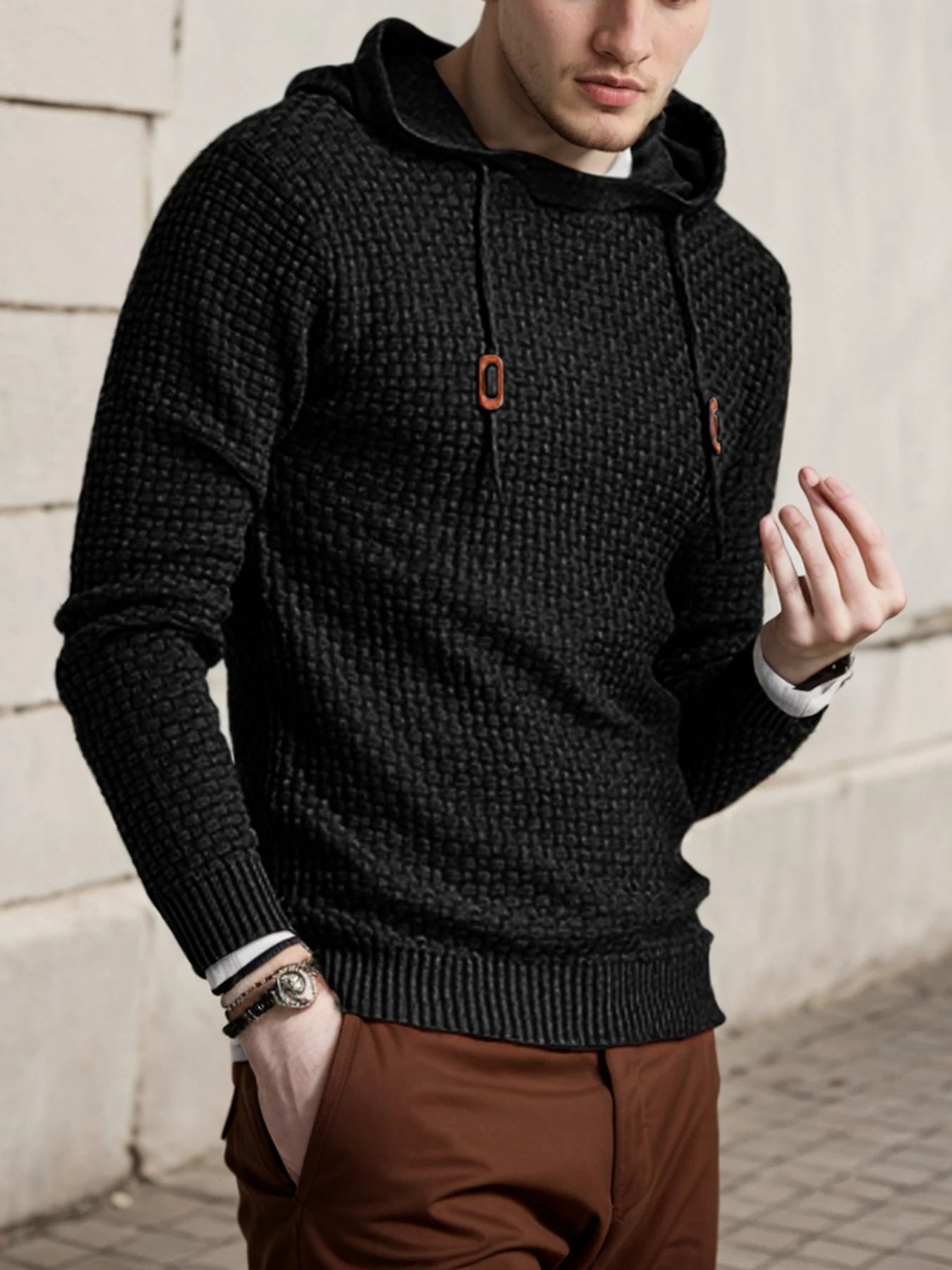 Men's Hooded Long-Sleeved Knitted Casual Pullover Sweater