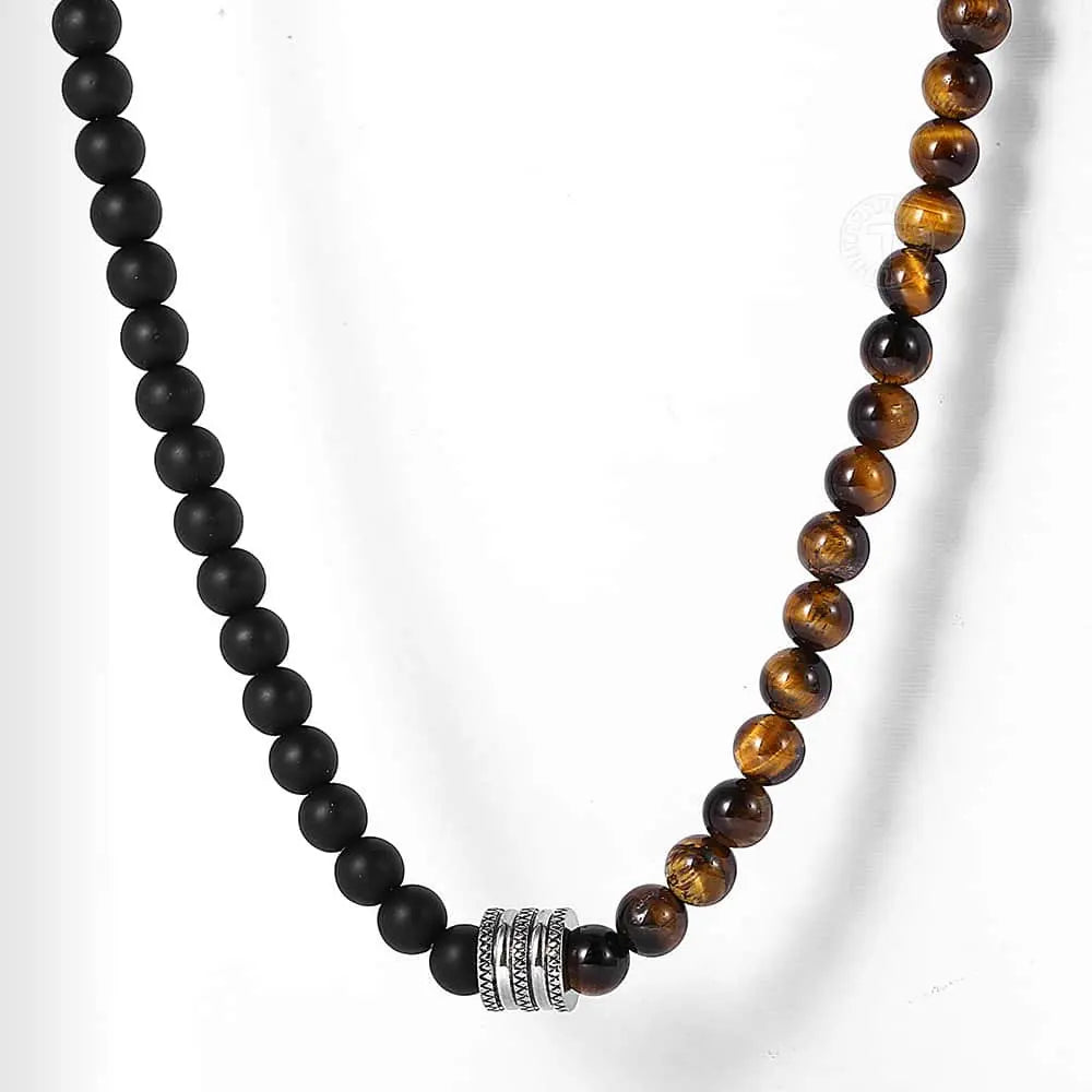 Men Women Natural Tiger Eyes Stone Matte Black Bead Necklace for Stainless Steel Charm Black Glass Bead Necklace Toggle Clasp