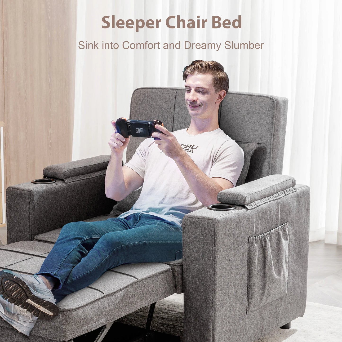 Comhoma Convertible Sofa Bed Armchair with Cup Holders, 3-in-1 Futon Bed Chair with Side Pocket (Drak Grey)