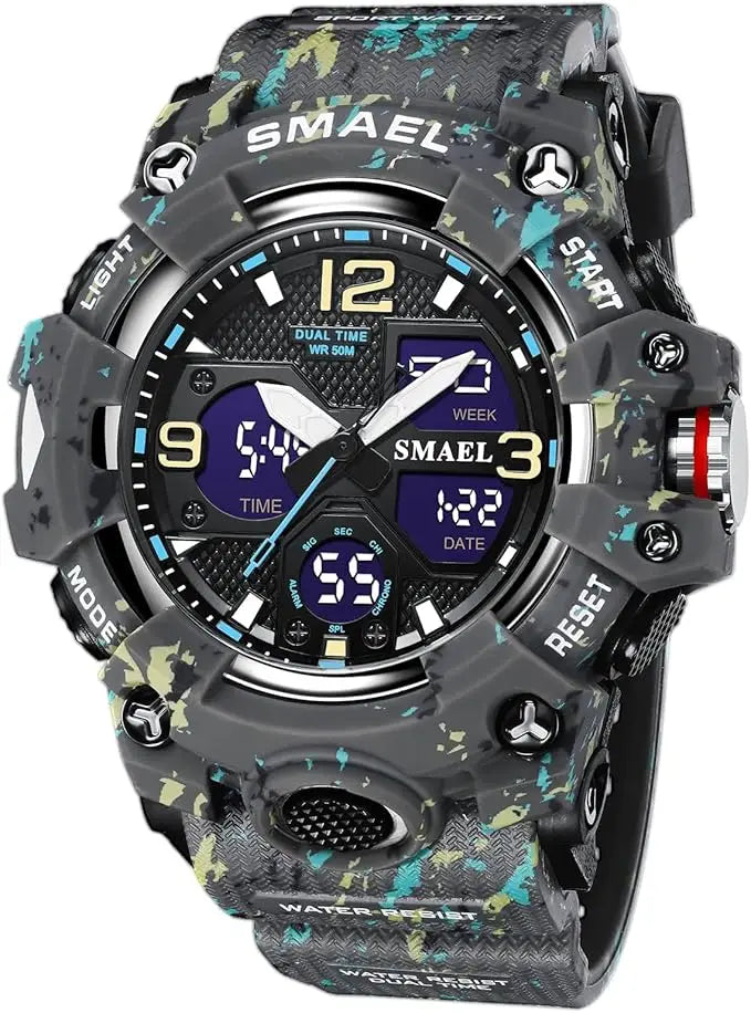 Men's Large Face Outdoor Sports Watches Military S-Shock Watch Waterproof, Backlight, Alarm, Stopwatch Features - Rugged Wristwa
