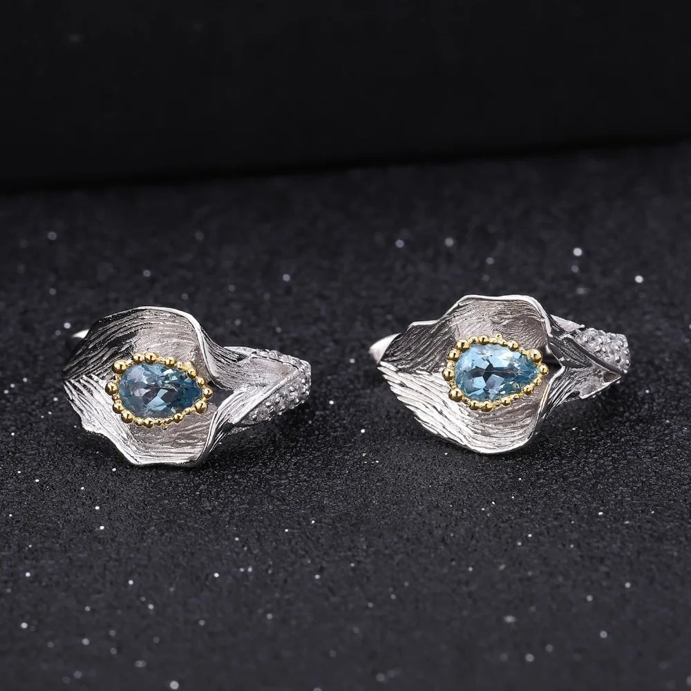 GEM'S BALLET 1.68Ct Natural Swiss Blue Topaz Callalily Leaf Earrings 925 Sterling Silver Handmade Stud Earrings for Women Bijoux
