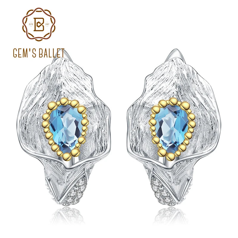 GEM'S BALLET 1.68Ct Natural Swiss Blue Topaz Callalily Leaf Earrings 925 Sterling Silver Handmade Stud Earrings for Women Bijoux