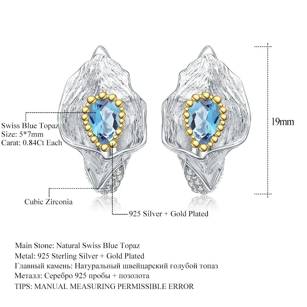 GEM'S BALLET 1.68Ct Natural Swiss Blue Topaz Callalily Leaf Earrings 925 Sterling Silver Handmade Stud Earrings for Women Bijoux