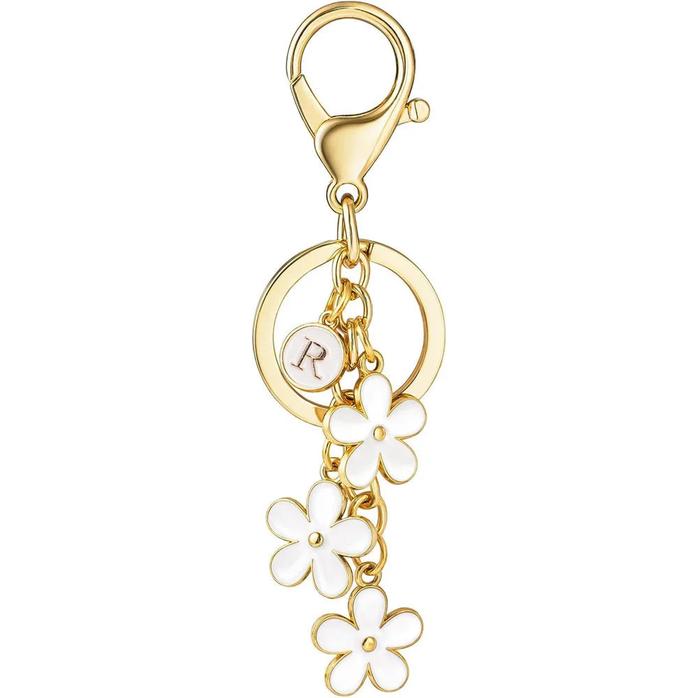 Initial Keychain White/Pink Flower Charms Key Cute Letter Keyring For Handbag Backpack