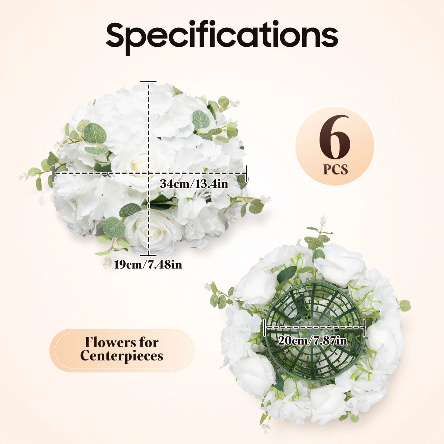 6PCS Artificial Flower Balls 34cm White Rose Wedding Table Centerpiece Decor