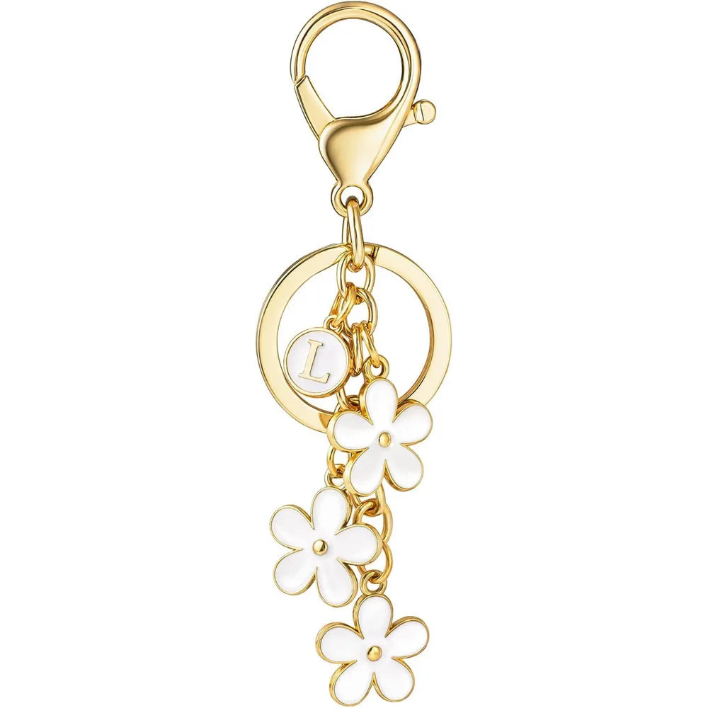 Initial Keychain White/Pink Flower Charms Key Cute Letter Keyring For Handbag Backpack