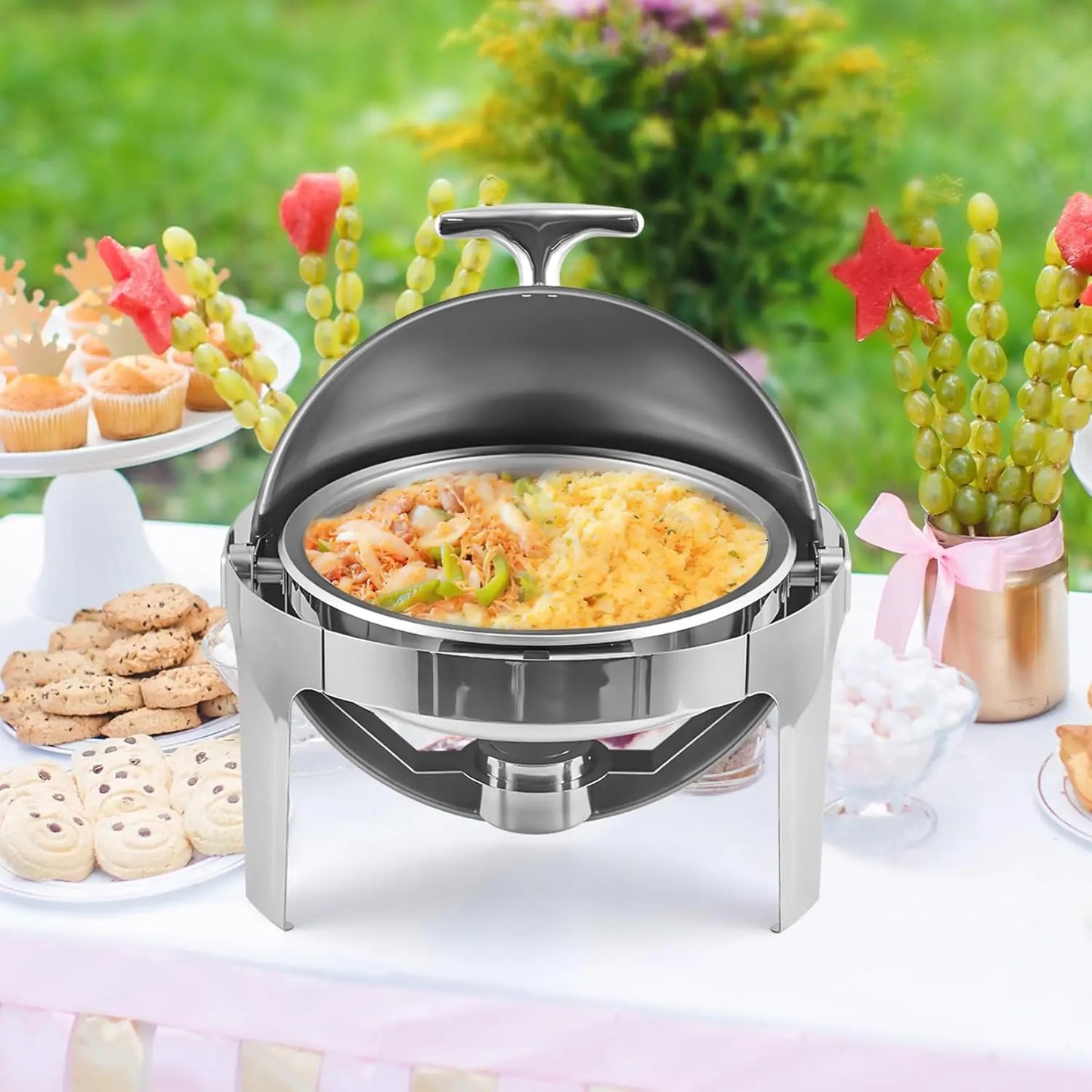 6.8QT Roll Top Chafing Dish Buffet Set,Round Chafing Dishes for Buffet Stainless Steel Chafer with Food/Water Pan and Fuel Holde