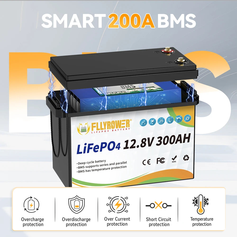 FLLYROWER 12V 300Ah LiFePO4 Lithium Battery Packs With 200A BMS LiFePO4 Battery For RV Boat Motor Solar Battery 8000+ Cycles
