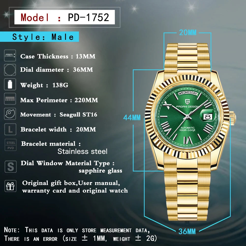 PAGANI DESIGN DD36 Gold Green V2 Men's Mechanical Watches Luxury Automatic Watch For Men 2024 New AR Sapphire glass Wrist watch