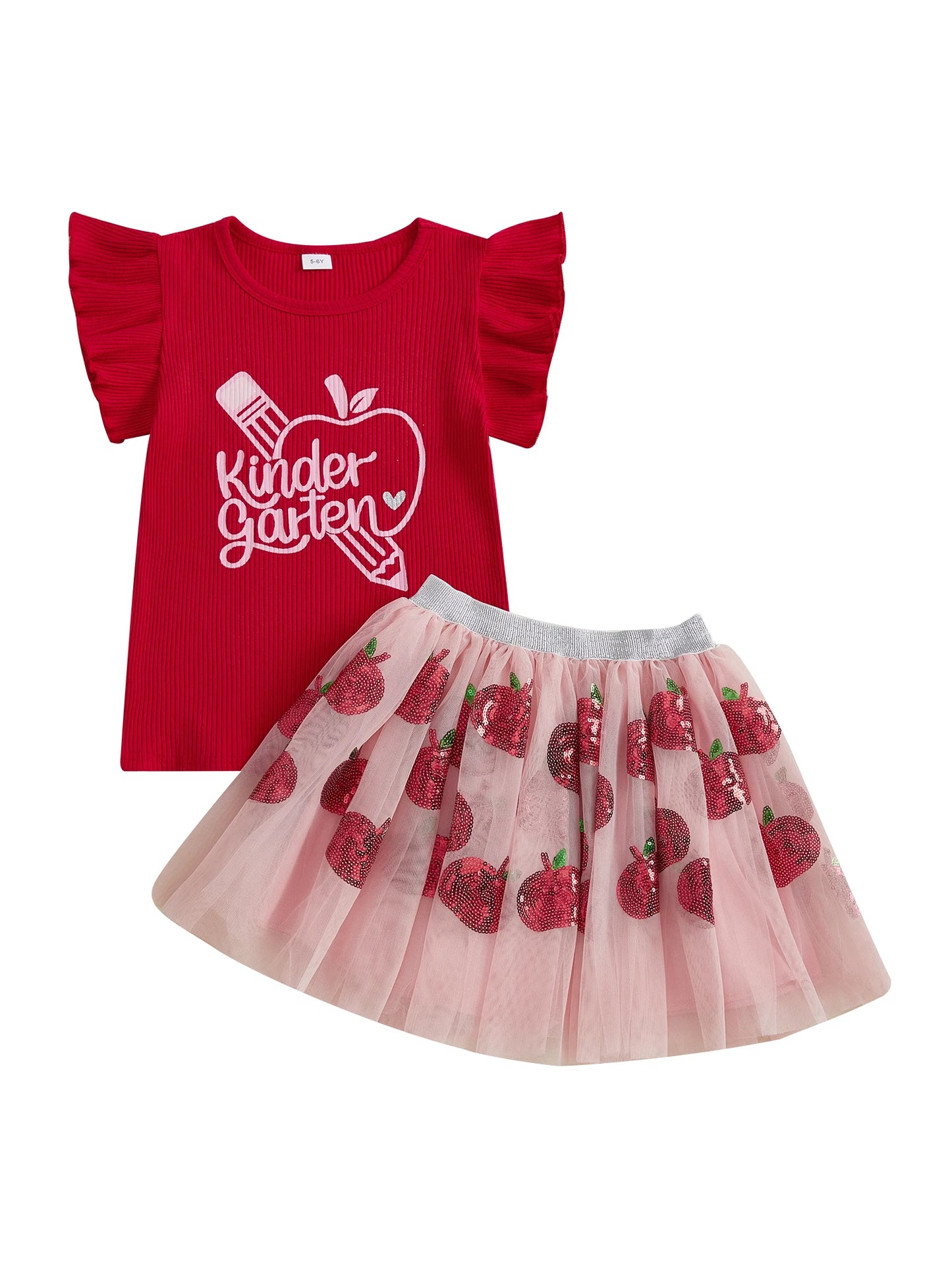 Cute Toddler Girls Back to School Outfits with Flutter Sleeve Apple Print Tops and Tulle Skirt Set - Adorable Baby Clothes for