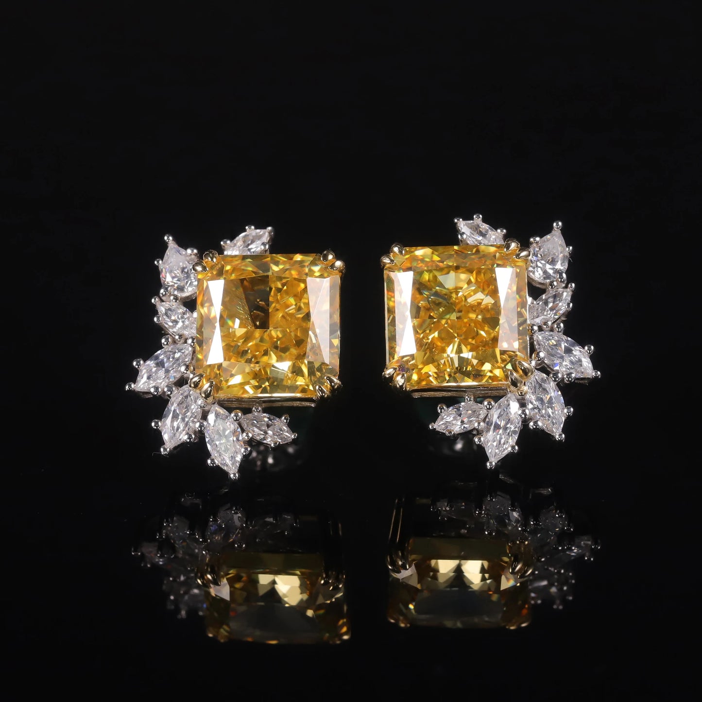 GEM'S BALLET Marquise Diamond-fire CZ- Fancy Vivid Yellow Stud Earrings 925 Sterling Silver Exquisite Vintage Style Earring