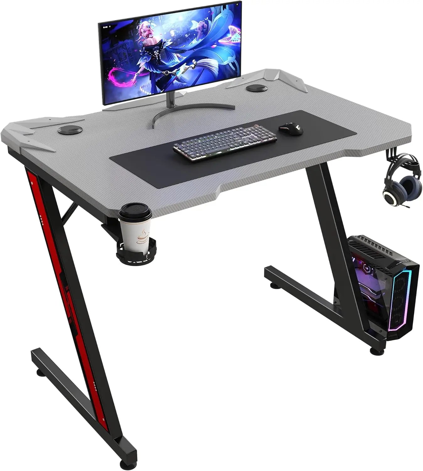 Gaming Computer Desk with Carbon Fiber Surface, Gaming Table Z Shaped PC Home Office with Cup Holder&Headphone Hook