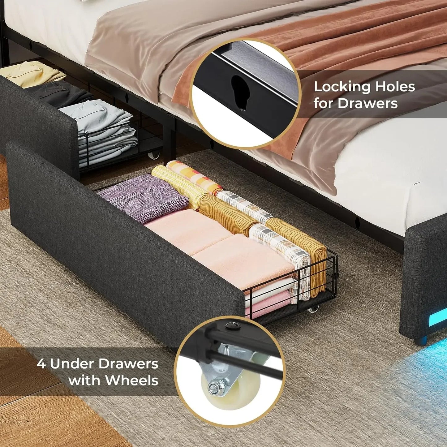 LED Full Bed Frame with Storage Headboard, Modern Upholstered Platform Bed with Type-C & USB Charging Station and 4 Drawers