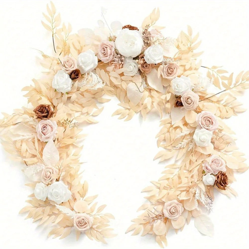 5.9ft Eucalyptus Willow Leaf Garland with Flower, Handcrafted Wedding Sweetheart Table Centerpieces Arch Backdrop Decorations