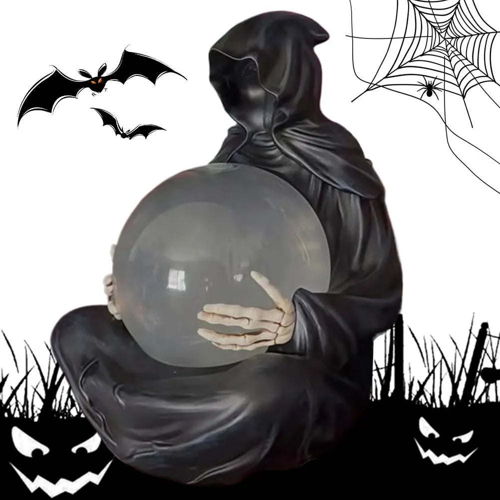 Grim Reaper Statue Crystals Balls Reaper Sitting Statue Floating Bat Crystal Ball Resin Death Robe Sculpture for Halloween Decor