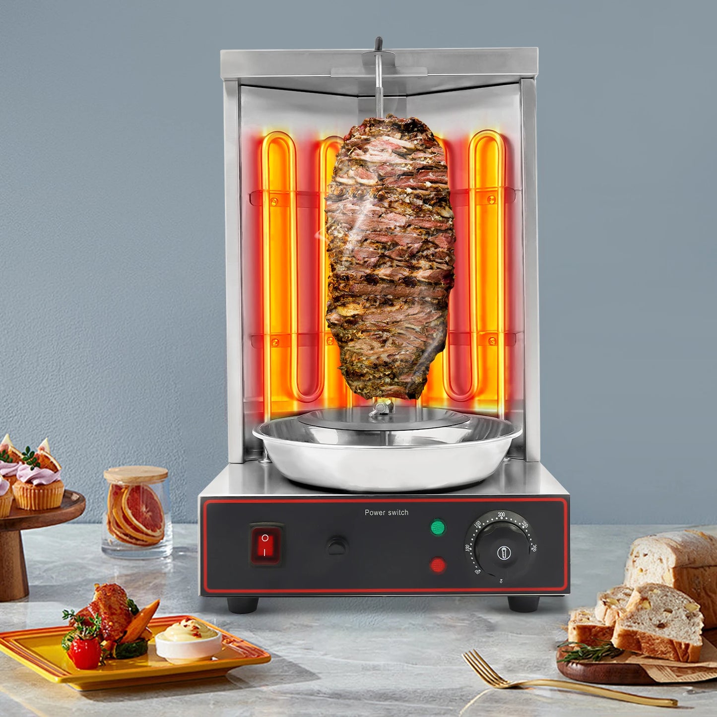 Electric Shawarma Grill Machine 3000W 201 Stainless Steel 2 Heating Tubes 360° Automatic Rotating Design