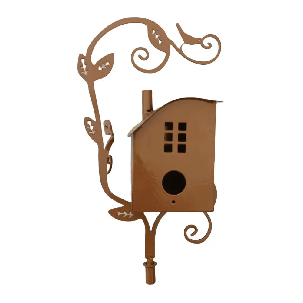 Sturdy Metal Birdhouse Garden Stake with Pole Waterproof Rustic Iron Decoration for Outdoor Garden Yard