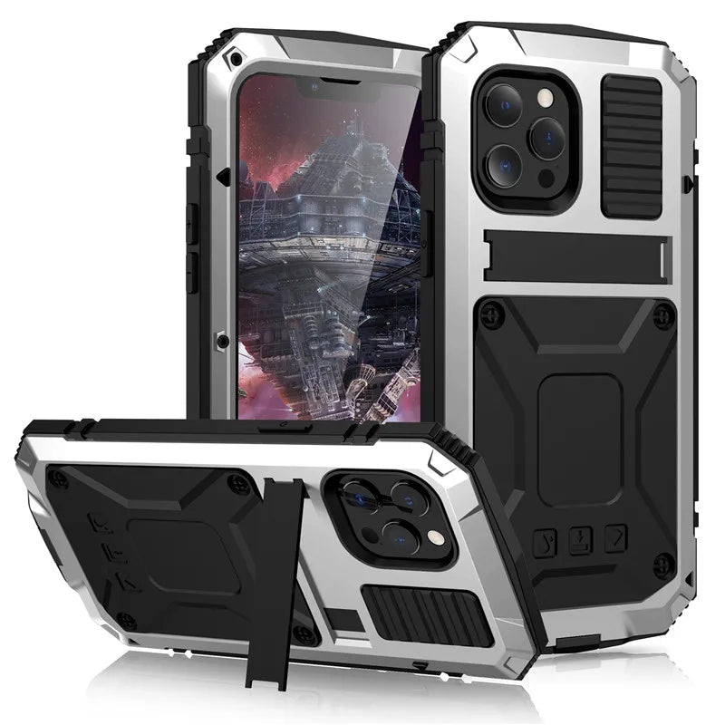 Heavy Duty Armor Military Aluminum Metal Case For iPhone 16 Plus 16 Pro Max Hard Cover Tempered Glass Screen Protector Flim
