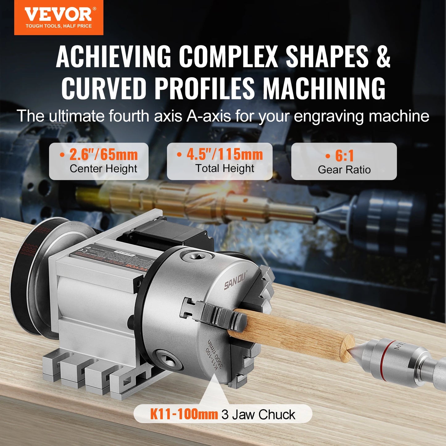 SucceBuy Dividing Head K11-100mm 3-Jaw Chuck 2.6"/65 mm Center Height Tailstock 6:1 Gear Ratio Universal for Milling Engraving