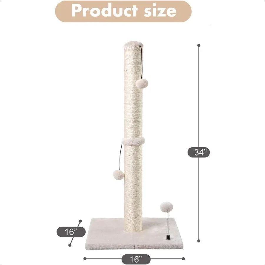 34 Tall Cat Scratching Post Premium Basics Kitten Scratcher Sisal Scratch Posts Trees with Hanging Ball for Indoor Cats Beige