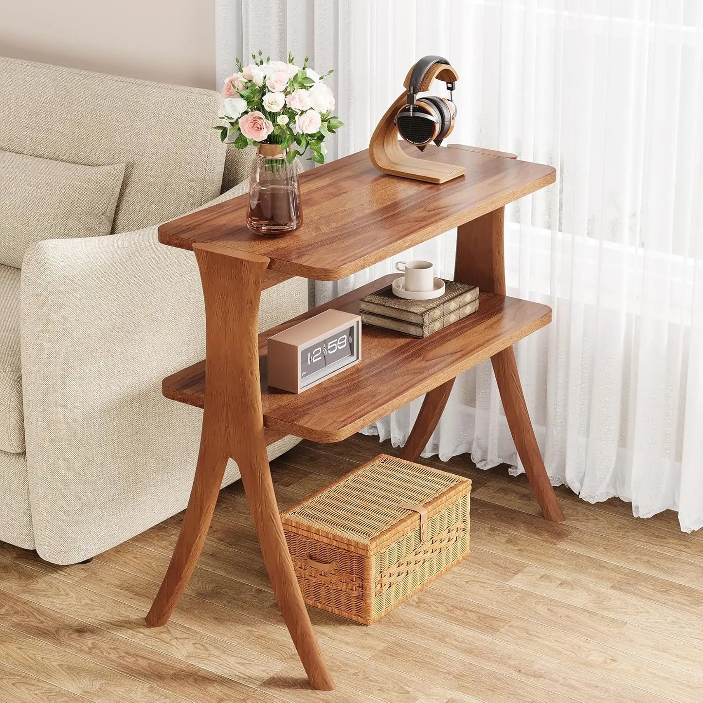 Side Table for Living Room, Farmhouse End Table with 2-Tier Storage Shelf and Solid Wood Legs, Nightstand for Bedroom