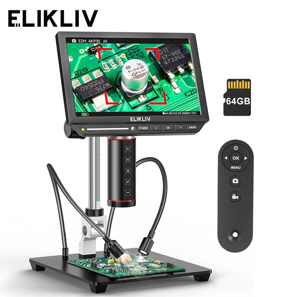 Elikliv EM4K-AF Autofocus 4K Digital Microscope 2000x HDMI Soldering Microscope for Electronic Repair 8" Coin Amplifier 10"Stand