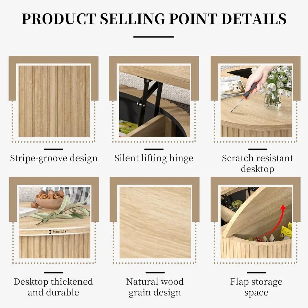 Lift Top Coffee Table with Storage, Round Coffee Tables for Living Room, 34.6'' Farmhouse Fluted Coffee Table, Wood Center Table