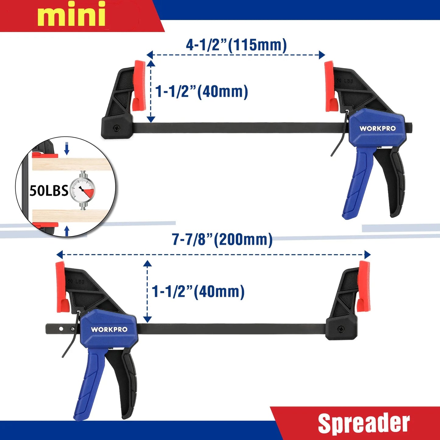 WORKPRO Bar Clamps for Woodworking One-Handed Clamp/Spreader, 6-Inch and 12-Inch Wood Clamps Set, Light-Duty Qui