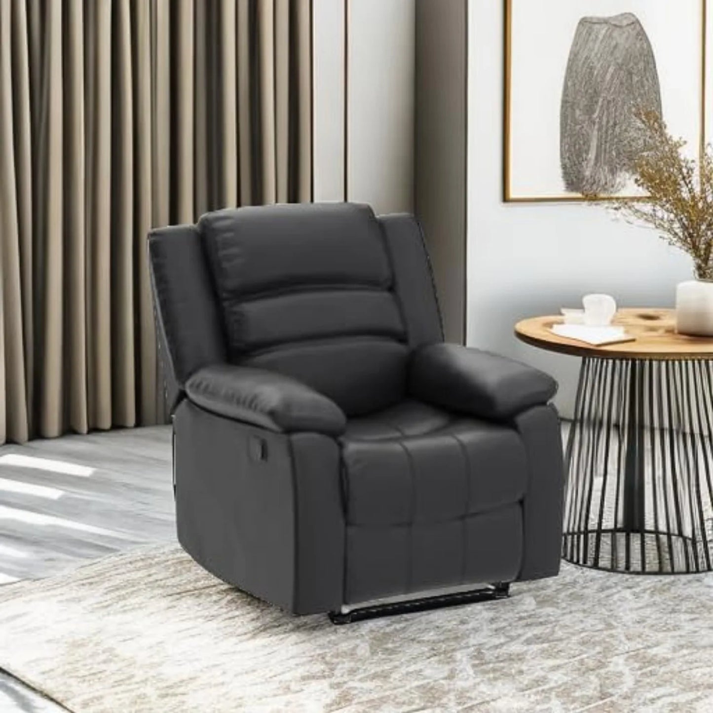 Black Recliner Chair with Overstuffed Arm and Back, Breathable Faux Leather Manual Reclining Chairs