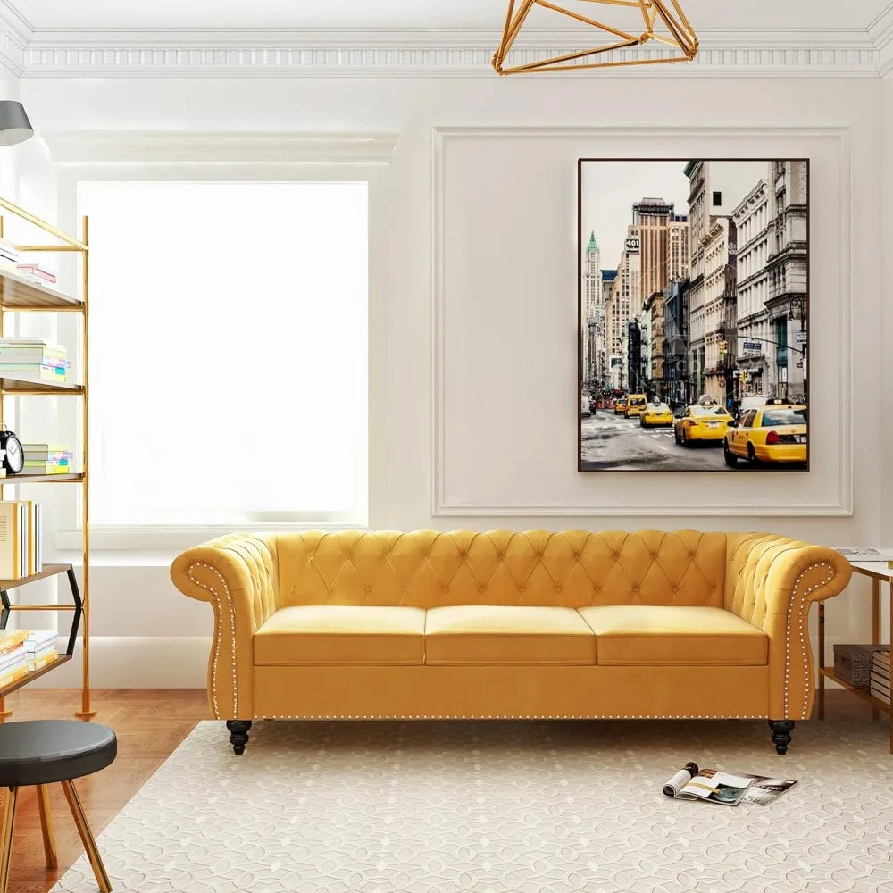 Chesterfield Sofa Velvet, Modern Tufted Couch 3 Seater with Rolled Arms and Nailhead for Living Room, Bedroom, Office, Apartment