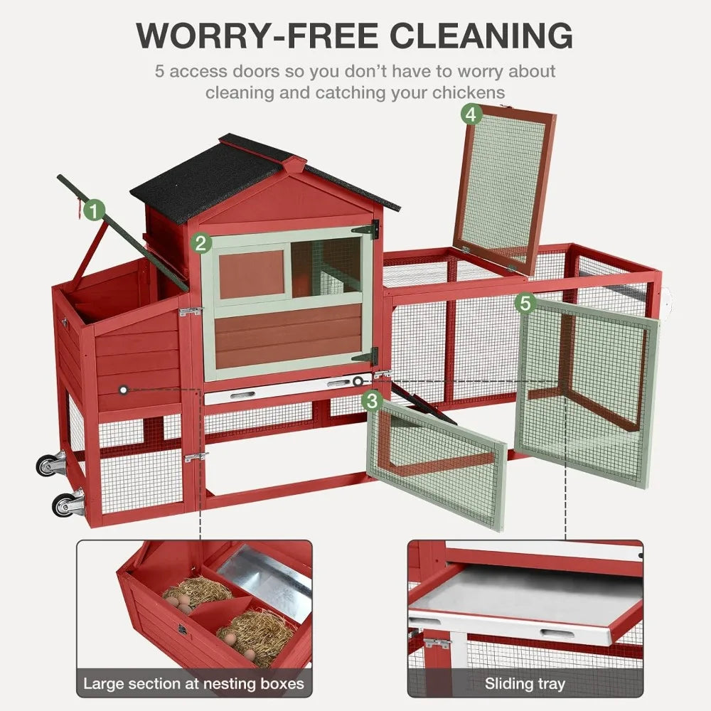 Chicken Coop for Outdoor - Poultry Cage with Wheels, Nesting Box, Leakproof Pull-on Tray, and Asphalt Waterproof Roof - Red