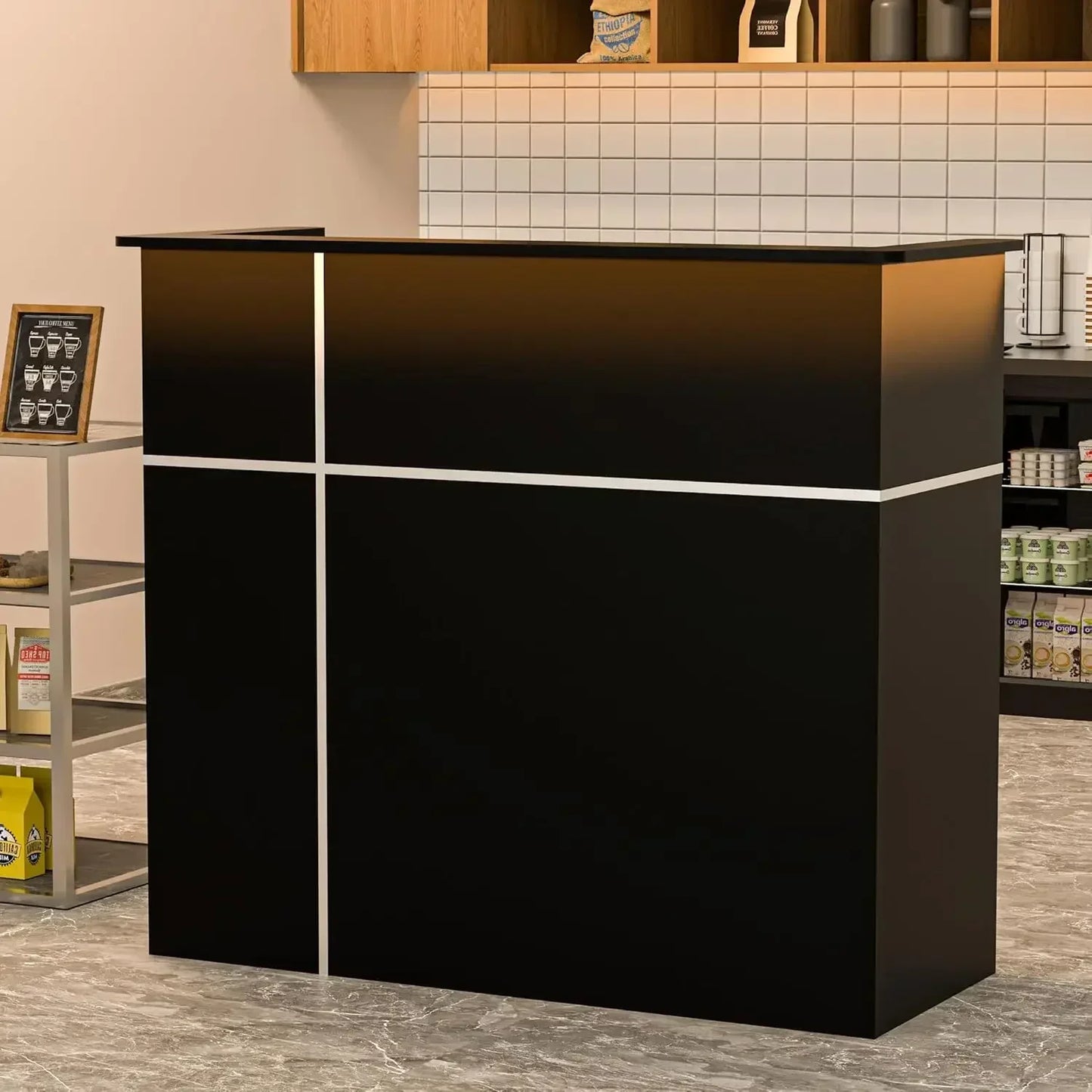 Reception Desk with Counter, 50-inch Checkout Counter with LED Lights Modern Front Table Equipped Lockers & Storage Shelves
