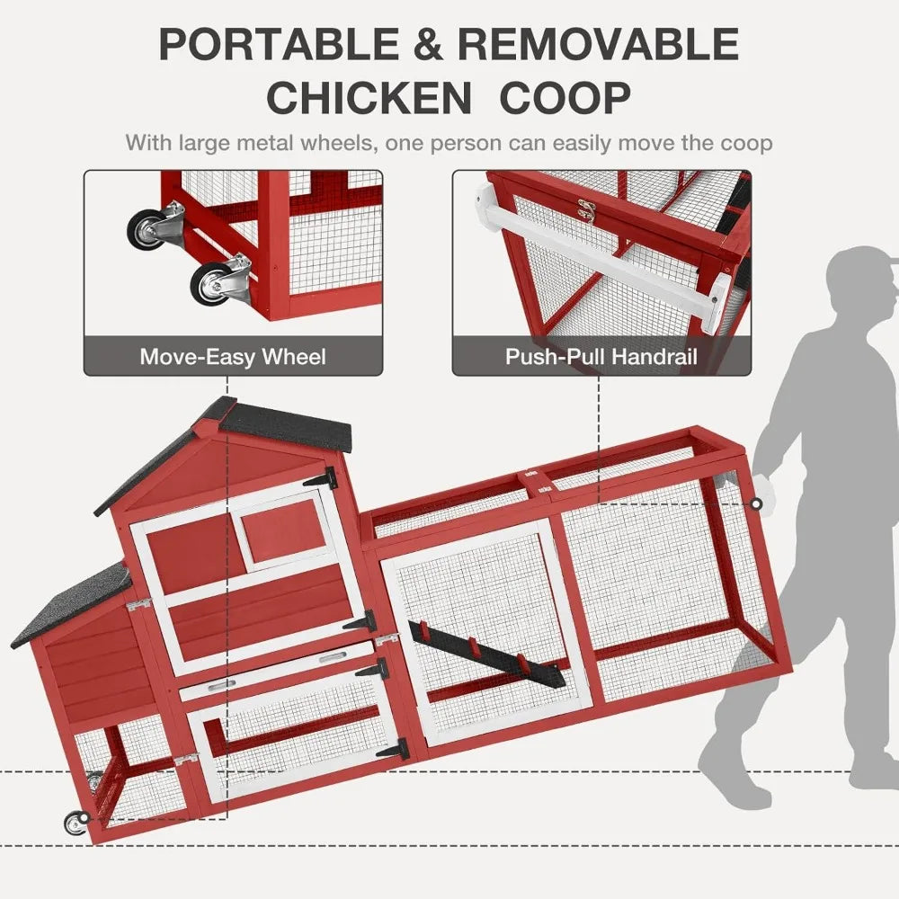 Chicken Coop for Outdoor - Poultry Cage with Wheels, Nesting Box, Leakproof Pull-on Tray, and Asphalt Waterproof Roof - Red