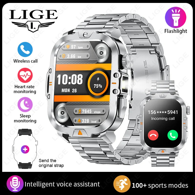 2.01-inch HD Screen Men Smart Watch with Flashlight Outdoor Sports Men's Watch IP68 Waterproof Health Monitoring Call Smartwatch