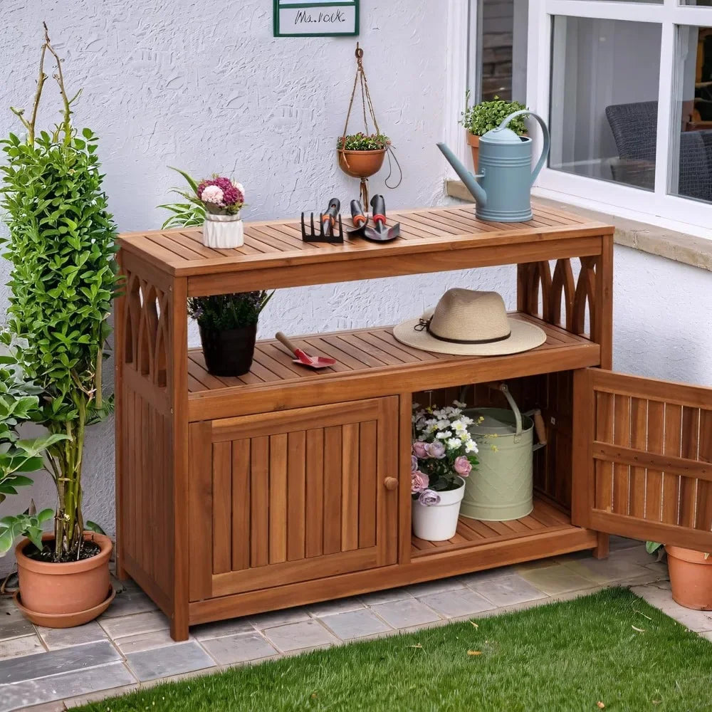 Outdoor Storage Cabinet Weatherproof Acacia Wood Outdoor Cabinet with 2 Magnetic Doors Used for Outdoor Storage, (Brown)