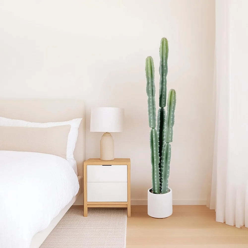 UV Resistant 5ft Large Artificial Cactus with White Decorative Planter, 60in Realistic Faux Cacti Indoor, Lifelike Fake Cactus P