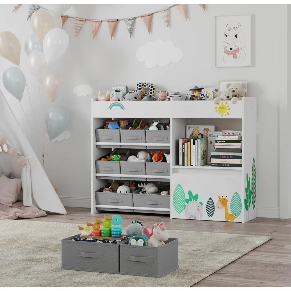 Toy Storage Organizer, Toddler Wooden Kid Bookshelf with 10 Fabric Bins and Movable Toy Chest, 4-Tier Toy Storage Cabinet for Pl