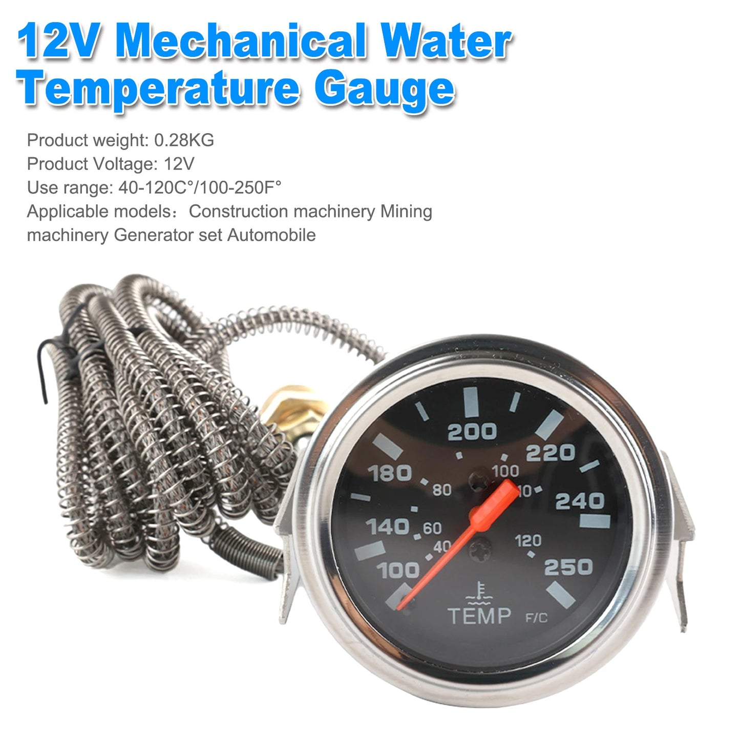 2'' 52mm Chrome Pointer Water Temp Temperature Gauge Mechanical Black Face ℃ / ℉