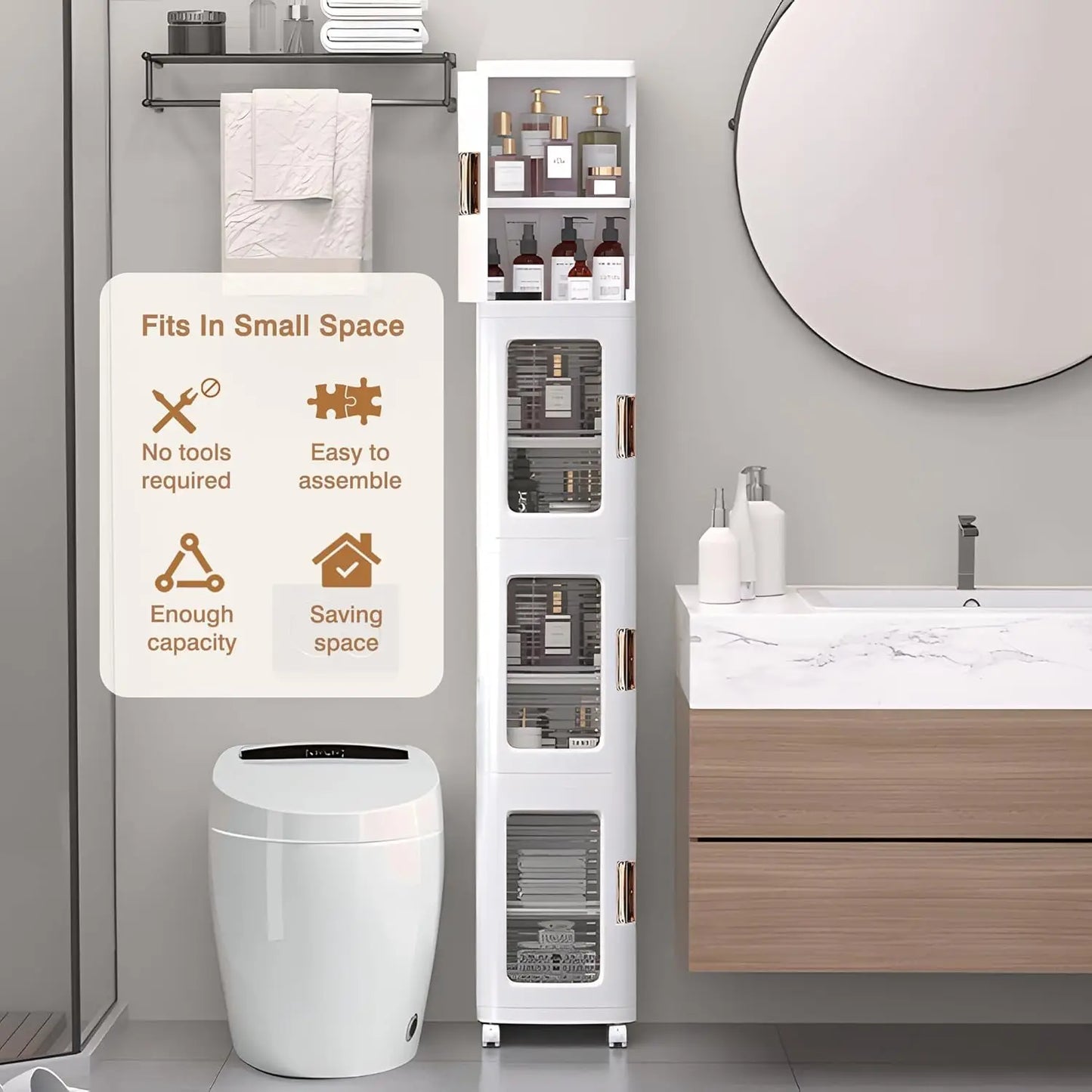 4-Tier Plastic Tall Narrow Storage Cabinet with Movable Wheels, Adjustable Shelves, Magnetic Doors,