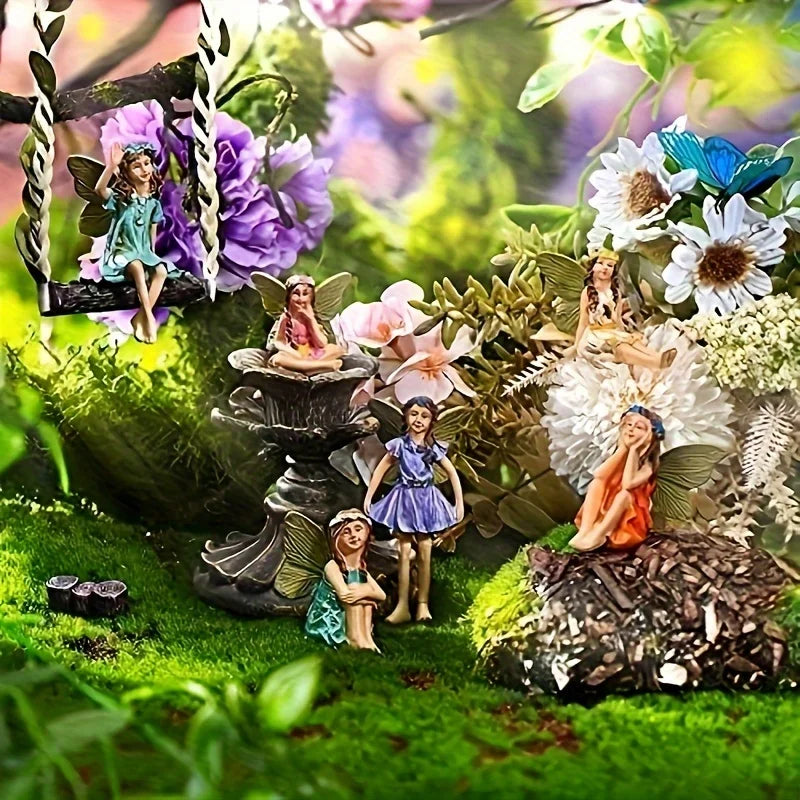 6 Pieces Miniature Fairies Accessories Mini Figurines with Stick Little Girl Sculpture Yard Ornaments Potted Plants Resin Decor