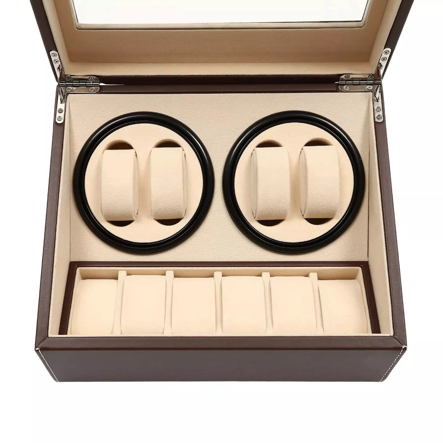 Automatic 4+6 Rotation Watch Winder Storage Box, Leather Wood Display Case