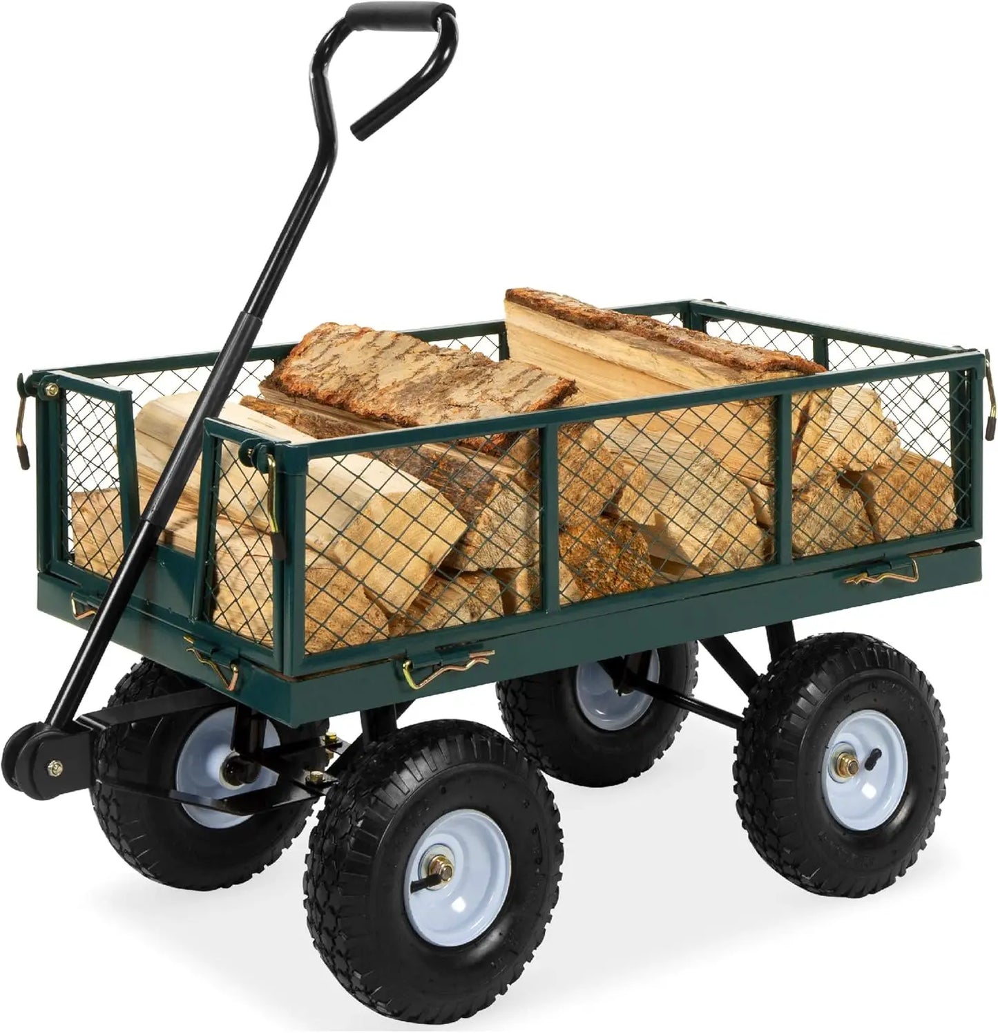 Utility Garden Cart Wagon for Lawn Yard w Heavy Duty Steel 400lb Weight Capacity Removable Sides Long Handle 10in Tires Green