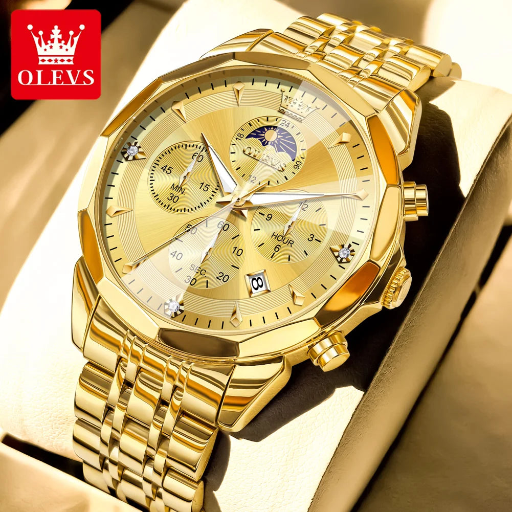 OLEVS 3673 Mens Watch Business Brand Quartz Watches Multifunctional Chronograph Waterproof Moon Phase Watch Mens Gifts Original