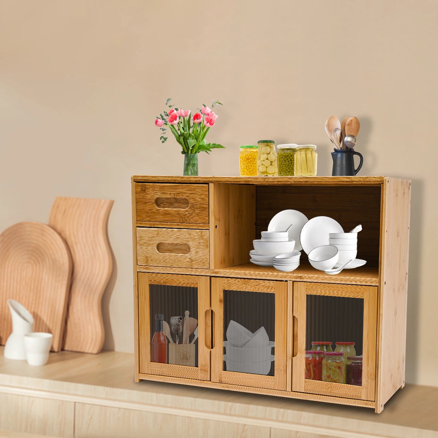 Bymaocar Bamboo Kitchen Utensil Cabinet with Embedded Handle, Compact Countertop Storage Cabinet for Seasoning and Kitchenware