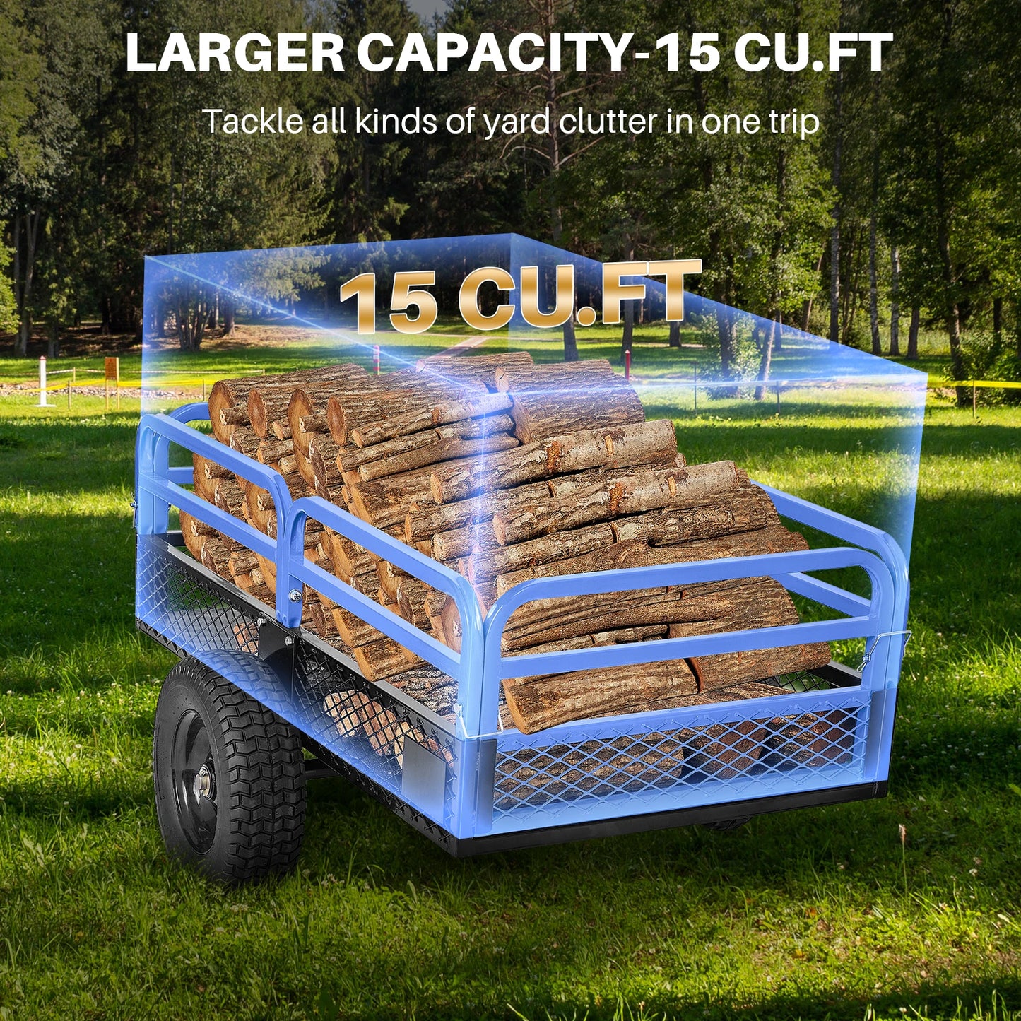 Roomark ATV UTV Trailer Tow Behind Dump Cart w/ Removable Sides 1500lb 15 Cubic Heavy Duty Garden Trailer for Lawn Mower Tractor