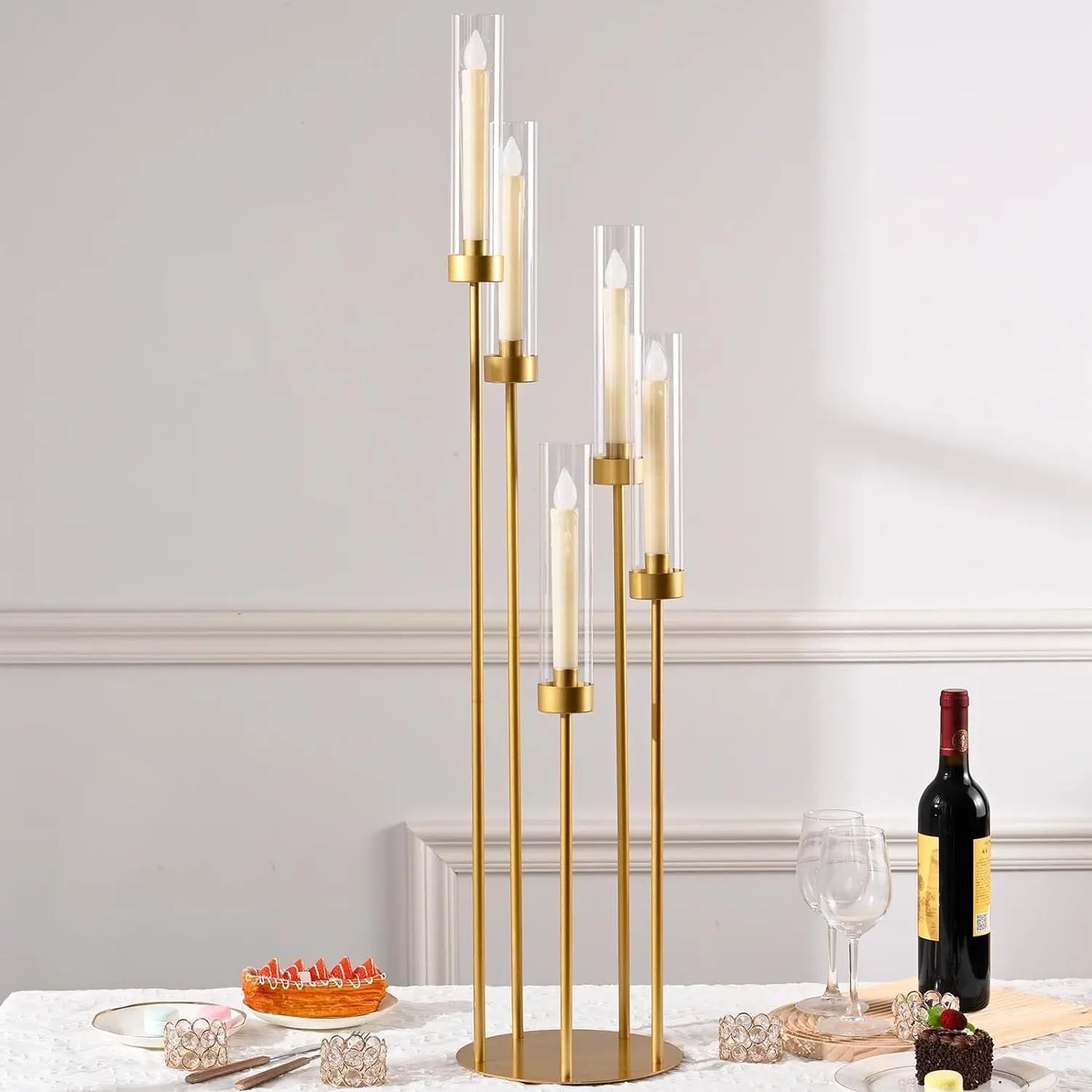 20PCS Gold Floor Candelabra 5 Arm Candle Holder Tall Candle Holder with Acrylic Lampshade for Wedding Birthday Party Decoration